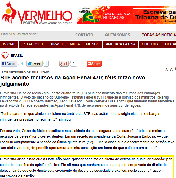 PCdoB, Celso de Mello, mensalão, novo julgamento